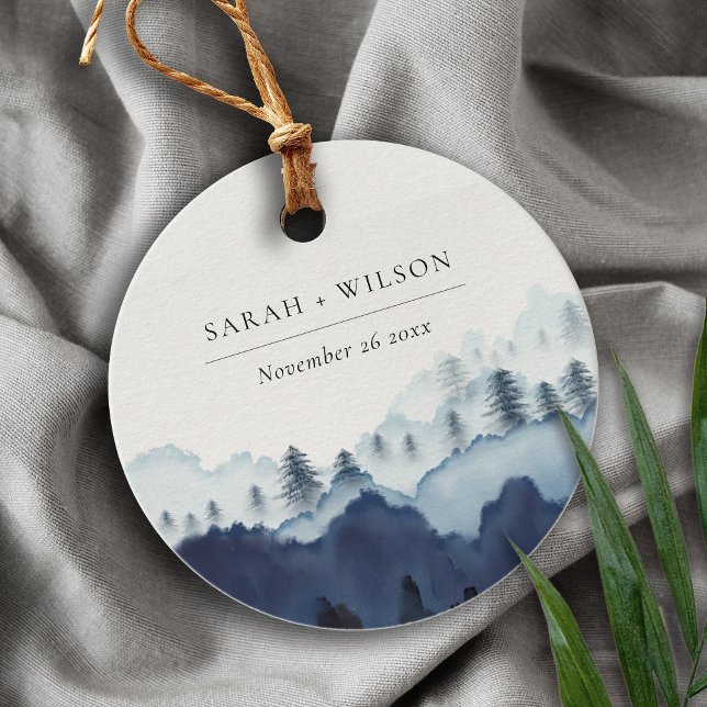 Rustic Ink Blue Navy Pine Woods Mountain Wedding Favour Tags (Creator Uploaded)