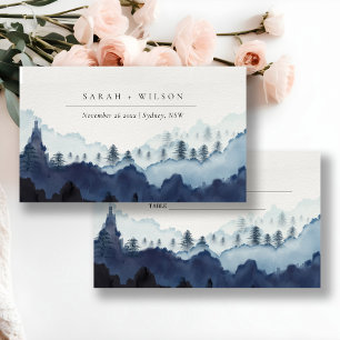 Rustic Ink Blue Navy Pine Woods Mountain Wedding Place Card