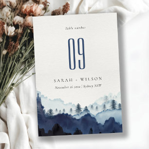 Rustic Ink Blue Navy Pine Woods Mountain Wedding Table Number