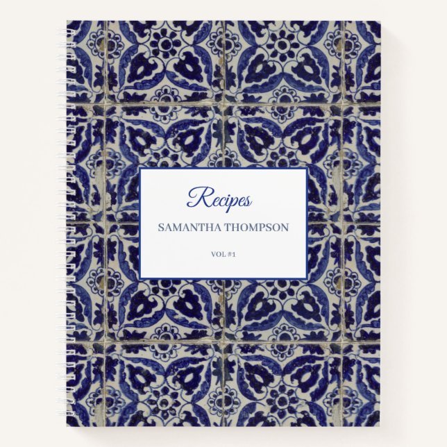Rustic Italian Azulejo Blue White Geometric Recipe Notebook (Front)