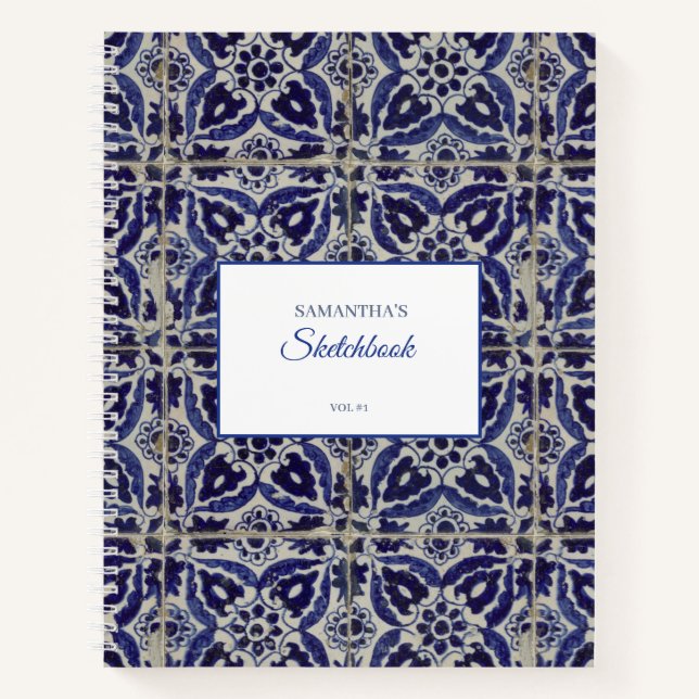 Rustic Italian Azulejo Blue White Geometric Sketch Notebook (Front)