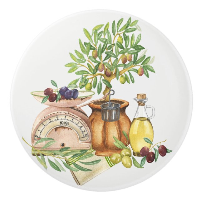 Rustic Italian Green Gold Brown Watercolor Ceramic Knob (Front)