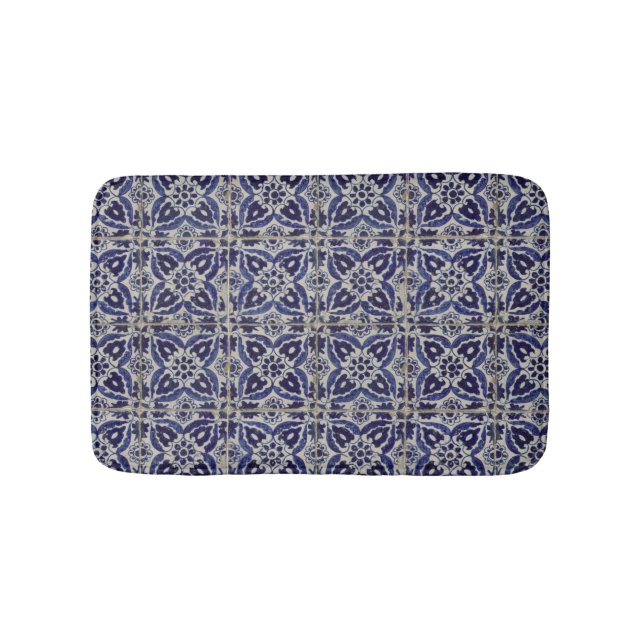 Rustic Italian Tiles Azulejo Blue White Geometric  Bath Mat (Front)