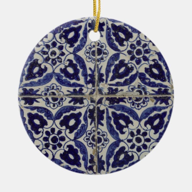 Rustic Italian Tiles Azulejo Blue White Geometric Ceramic Tree Decoration (Front)