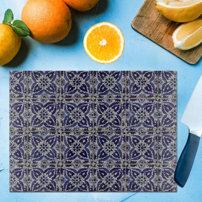 Rustic Italian Tiles Azulejo Blue White Geometric Cutting Board (Creator Uploaded)