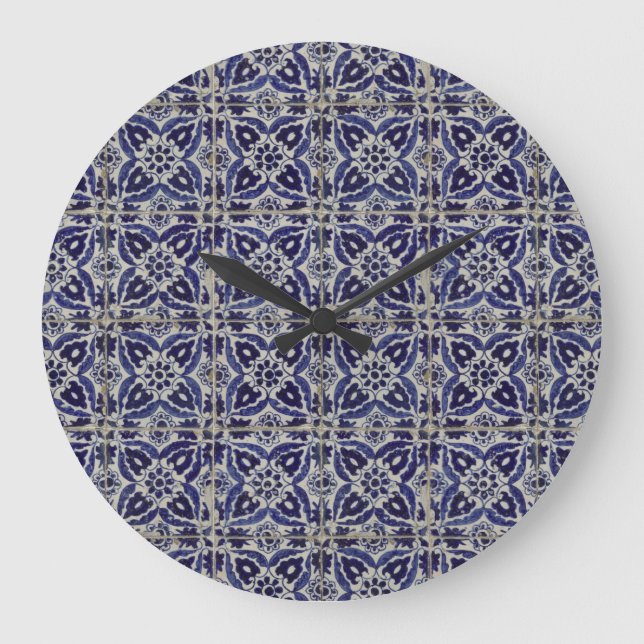 Rustic Italian Tiles Azulejo Blue White Geometric  Large Clock (Front)