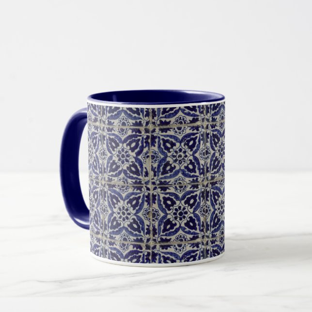 Rustic Italian Tiles Azulejo Blue White Geometric  Mug (Front Left)