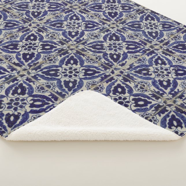 Rustic Italian Tiles Azulejo Blue White Geometric Sherpa Blanket (3/4)