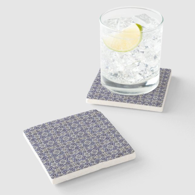 Rustic Italian Tiles Azulejo Blue White Geometric Stone Coaster (Side)