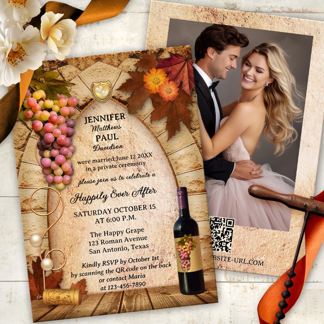 Rustic Italian Wine Happily Ever After Wedding Invitation (Happily Ever After wedding invitation featuring an Italian rustic vineyard or wine theme with grapes)