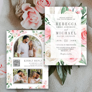 Rustic Ivory Blush Pink Floral QR Code Wedding Invitation