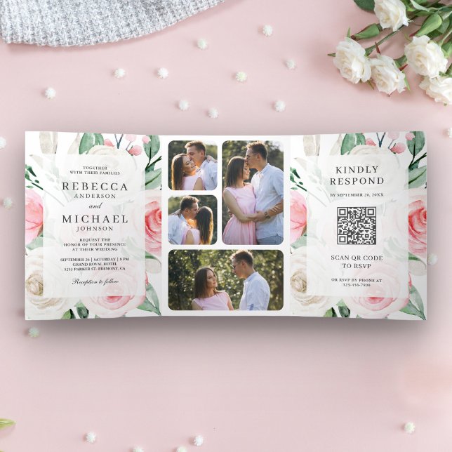 Rustic Ivory Blush Pink Floral QR Code Wedding Tri-Fold Invitation (Creator Uploaded)