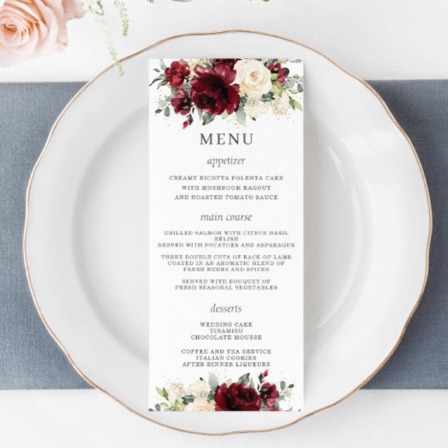 Rustic Ivory Burgundy Floral Wedding Menu (Creator Uploaded)