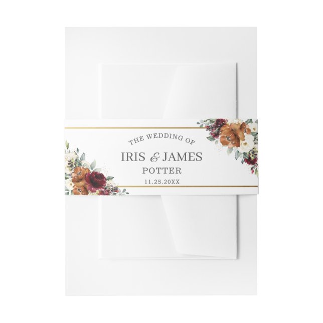Rustic Ivory Burgundy Orange Floral Gold Wedding Invitation Belly Band (Front Example)