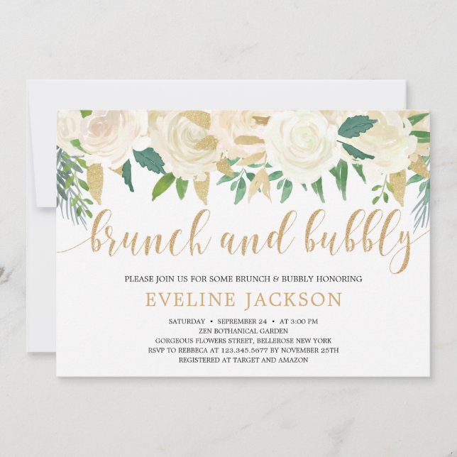 Rustic ivory floral gold glitter brunch and bubbly invitation (Front)