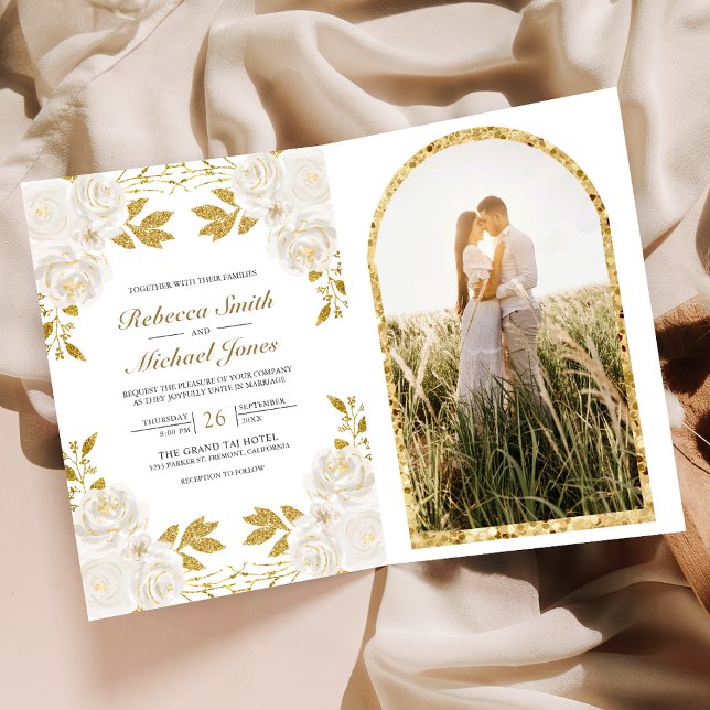 Rustic Ivory Floral Gold Glitter QR Code Wedding Invitation (Creator Uploaded)