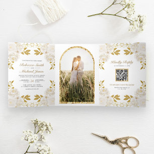 Rustic Ivory Floral Gold Glitter QR Code Wedding Tri-Fold Invitation