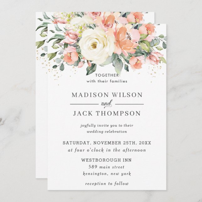 Rustic Ivory Orange Peach Floral Greenery Wedding Invitation (Front/Back)
