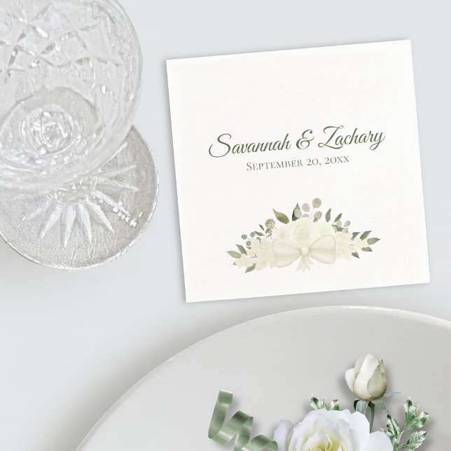 Rustic Ivory White Boho Floral Bouquet Wedding Napkin (In Situ with Plate)