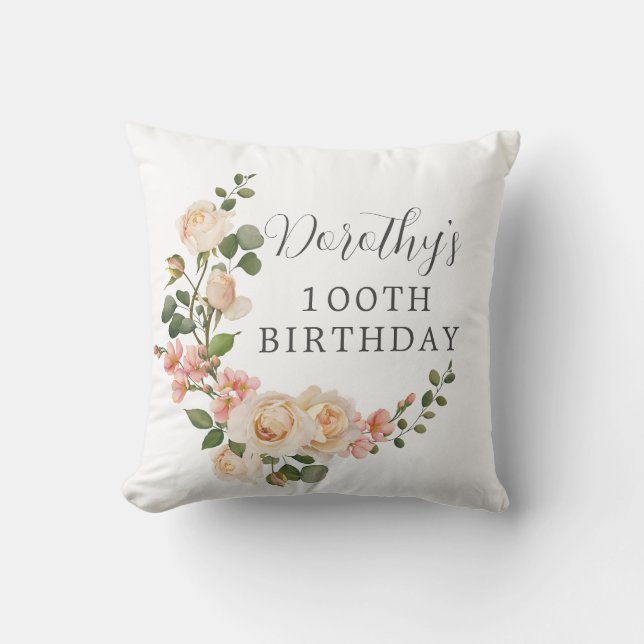 Rustic Ivory White Floral 100th Birthday Cushion (Front)