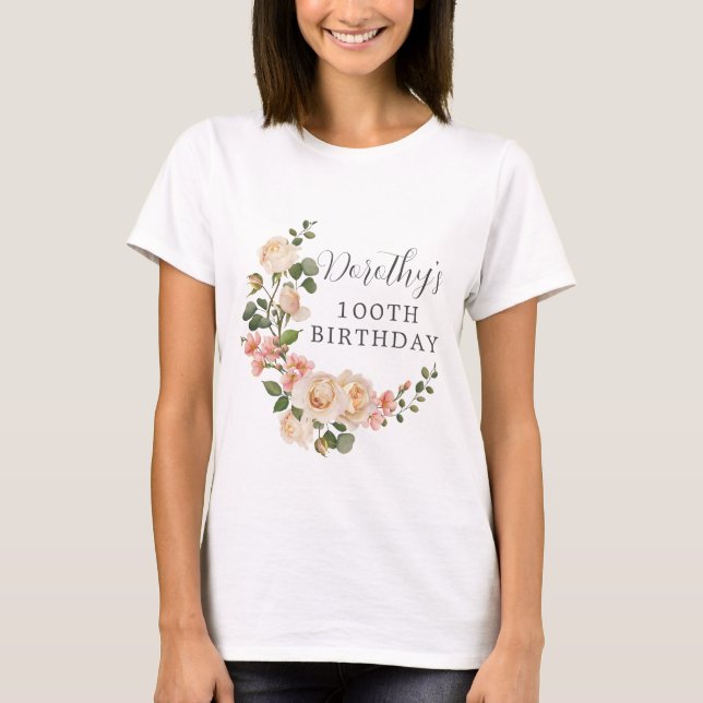 Rustic Ivory White Floral 100th Birthday Gift T-Shirt (Front)