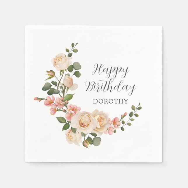 Rustic Ivory White Floral 100th Birthday Party Napkin (Front)