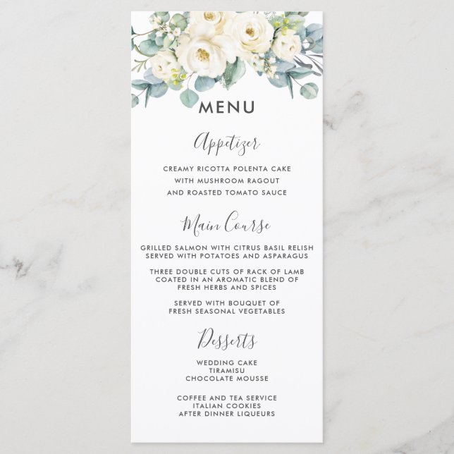 Rustic Ivory White Floral Eucalyptus Wedding Menu (Front)