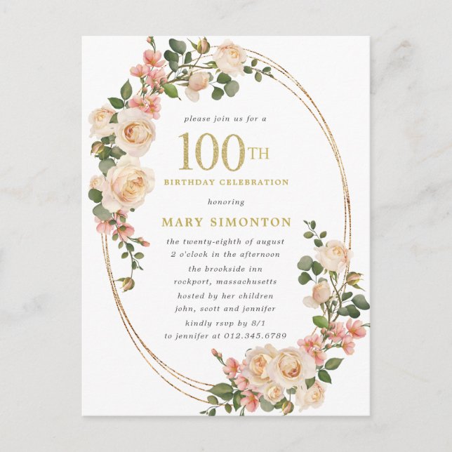 Rustic Ivory White Rose 100th Birthday Party Invitation Postcard (Front)
