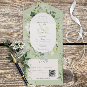 Rustic Ivy Ferns & Greenery Sage Green QR Code All In One Invitation