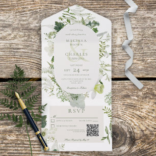 Rustic Ivy Ferns & Greenery White QR Code All In One Invitation