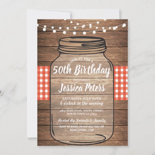 Rustic Jar Birthday Party Wood Red Gingham Invitation (Front)