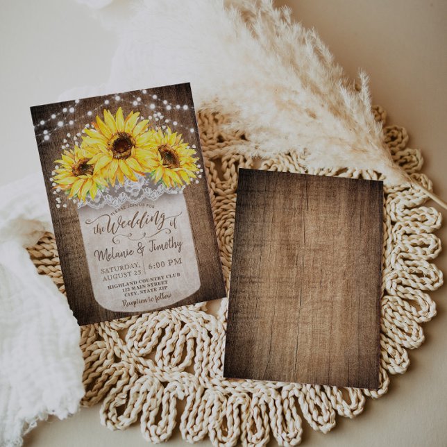 Rustic Jar Sunflower Wood Wedding Invitations (Creator Uploaded)