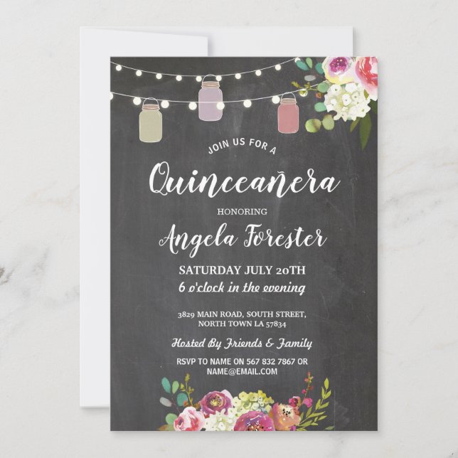 Rustic Jars Quinceanera Party Chalk Floral Lights Invitation (Front)