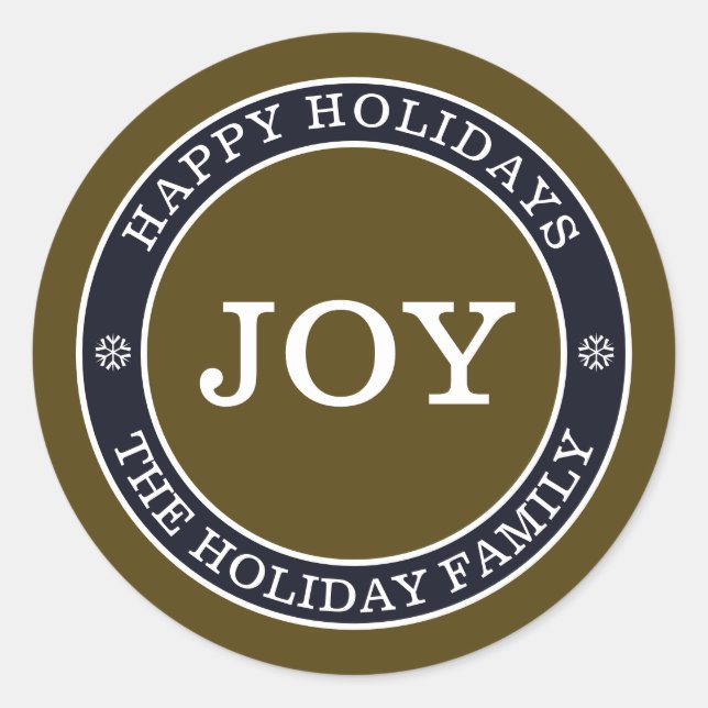 Rustic Joy Personalised Holiday Round Sticker (Front)