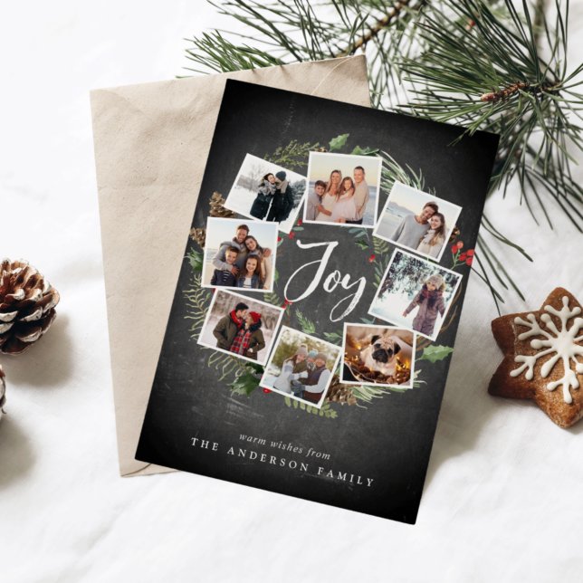 Rustic Joy Wreath | Multi Photo Collage Christmas Holiday Card (Creator Uploaded)