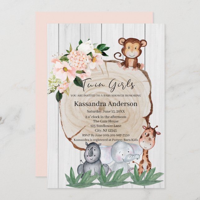 Rustic Jungle Animals Floral Twin Baby Shower Invitation (Front/Back)