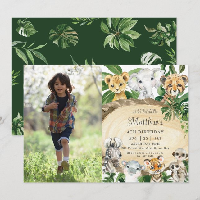 Rustic Jungle Animals Wood Greenery Birthday Photo Invitation (Front/Back)
