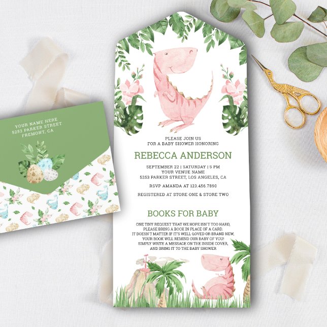 Rustic Jungle Floral Pink Dinosaur Baby Shower All In One Invitation (Creator Uploaded)