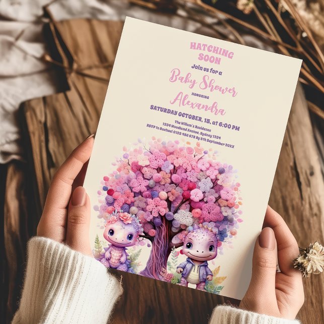 Rustic Jungle Floral Pink Dinosaur Baby Shower Invitation (Creator Uploaded)