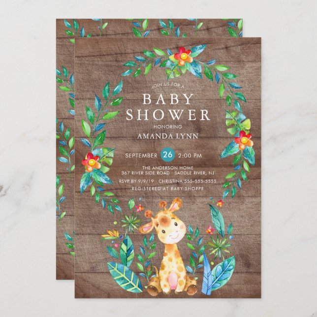 Rustic Jungle Giraffe Boy Baby Shower Invitation (Front/Back)