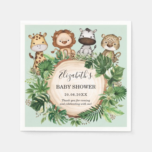 Rustic Jungle Safari Animals Greenery Baby Shower Napkin (Front)