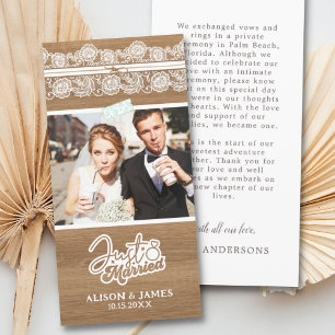 Rustic Just Married Wedding Announcement Thank you