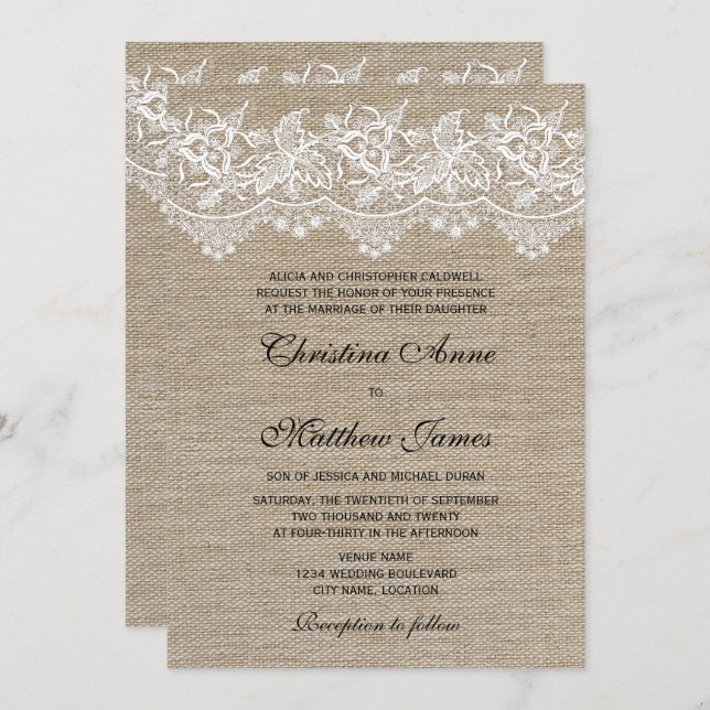 Rustic Jute and Lace Wedding Invitation (Front/Back)