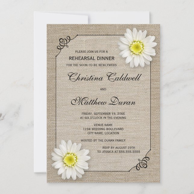 Rustic Jute and White Daisy Rehearsal Dinner Invitation (Front)