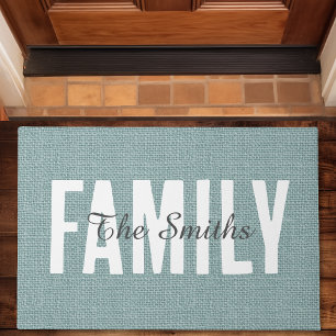 Rustic Jute Blue Burlap Family Monogram Doormat