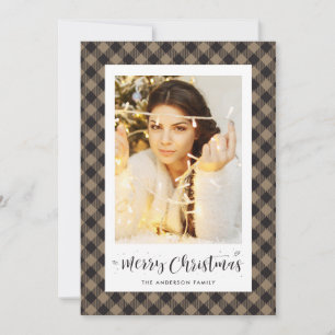 Rustic Khaki Buffalo Plaid Photo Christmas Cards