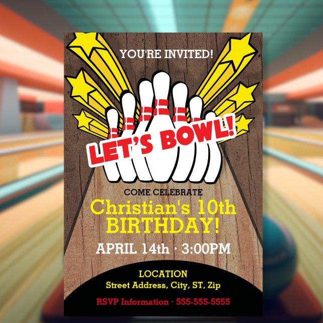 Rustic Kids Bowling Birthday with Pins Invitation (Creator Uploaded)