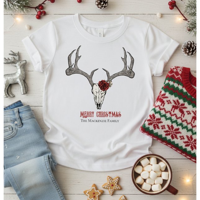 Rustic Kid's Deer Head Reindeer Skull Antlers T-Shirt (Cute Country Christmas Kids T-Shirt for Her. Merry Christmas Floral Reindeer Skull & Antlers. Roses.)
