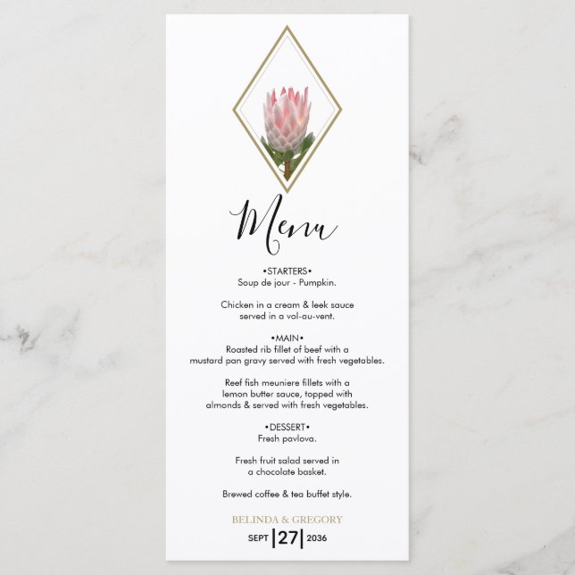 Rustic King Protea Wedding Menu (Front)