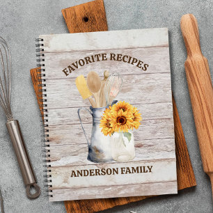 Rustic Kitchen Utensil Sunflower White Wood Recipe Notebook